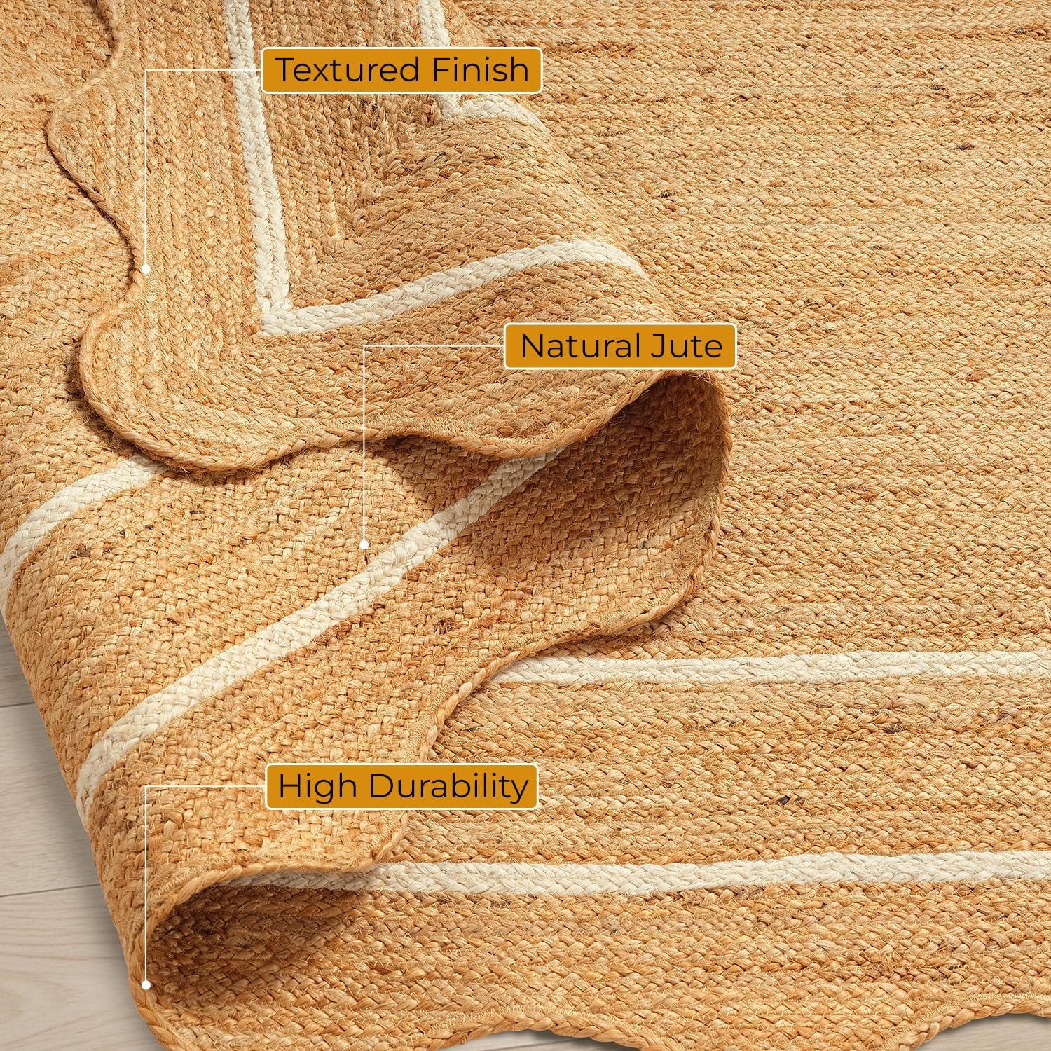 GRUHUM Jute Area Rug 2'x3' ft Wave Scalloped Natural Ivory Border Handwoven Boho Reversible Rustic Farmhouse Soft Braided EcoFriendly Rug - Indoor Livingroom Kitchen Hallways Entryway 2x3 ft Doormat