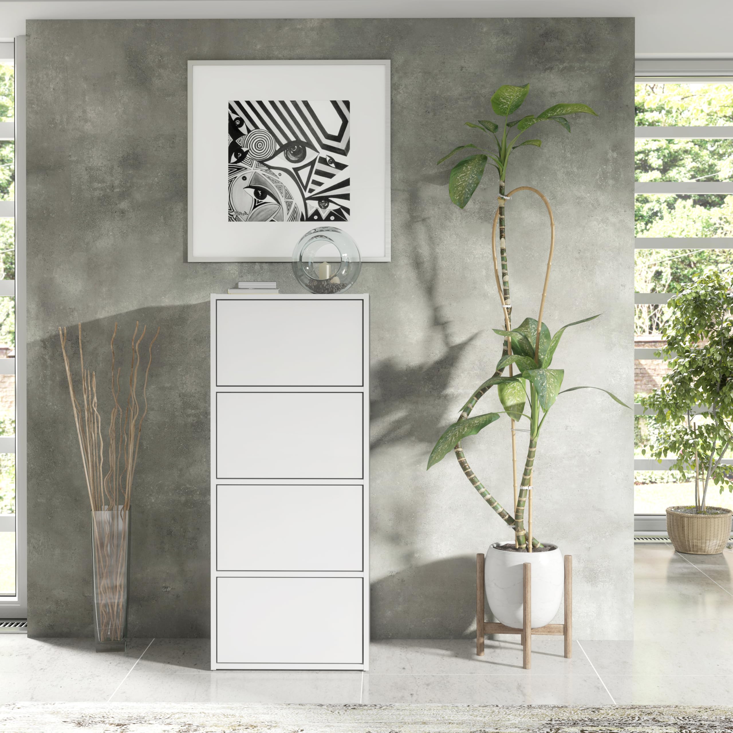 Mobile Moderno Bianco per Camera da Letto e Soggiorno – Cassettiera Alta con 4 Ante, Scarpiera Salvaspazio, Credenza Multifunzionale, Mobiletto 50x39x120 cm