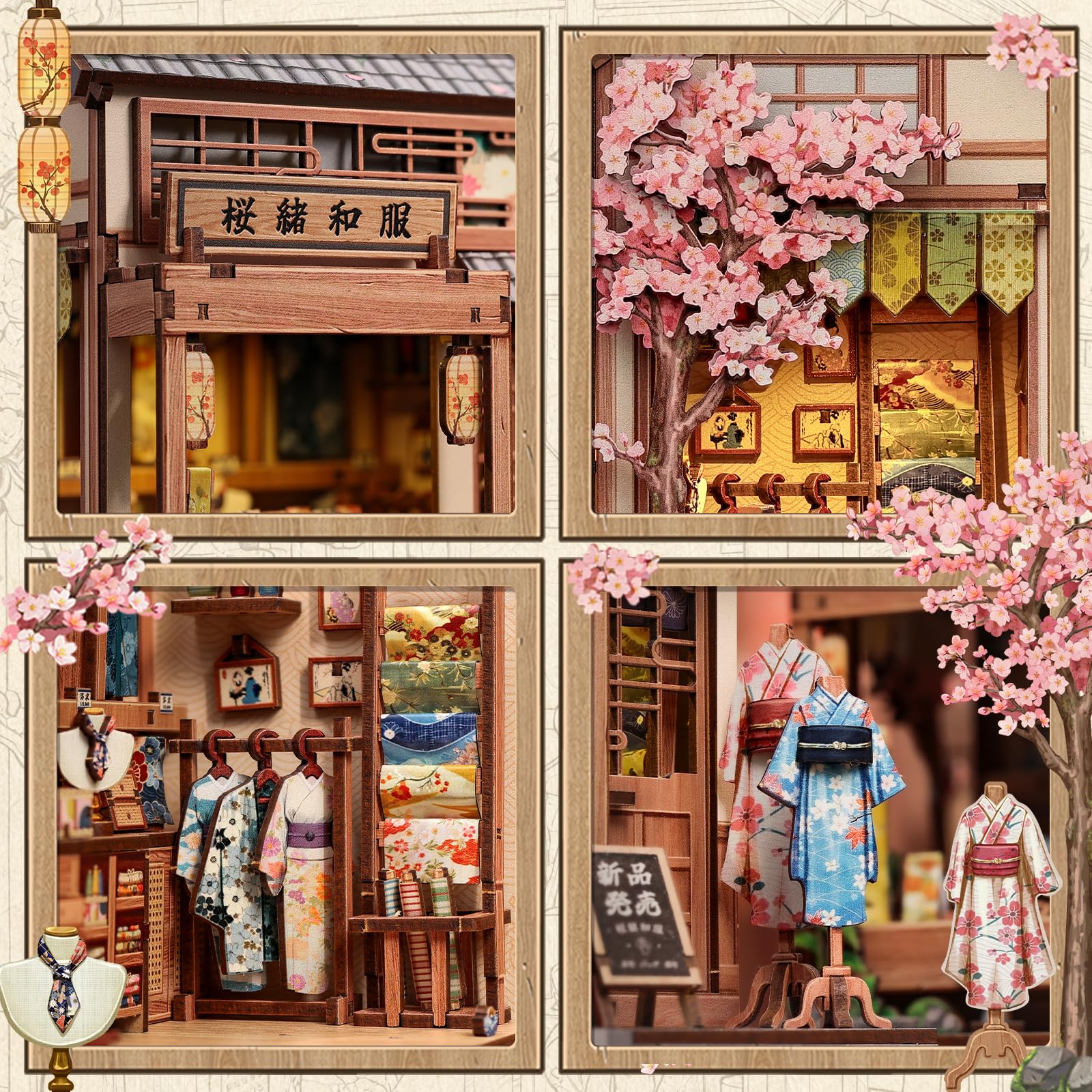 Cutefun Japanese Book Nook DIY - Puzzle 3D (Sakura O Kimono Shop) | 3D drewniane puzzle dla dorosłych miniaturowy zestaw do rękodzieła prezent dla kobiet miłośników książek