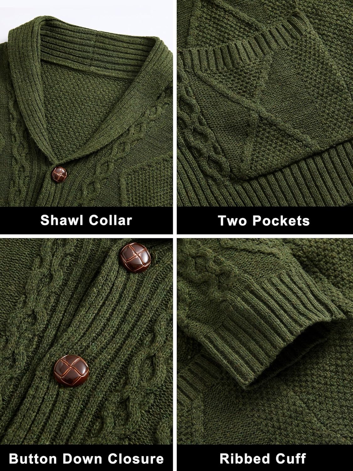 Comdecevis Mens Shawl Collar Cardigan Sweater Cable Knit Button Down Long Sleeve Casual Knitwear with Pockets - Image 4