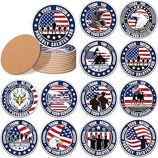Potchen 12 Pcs Thank You for Your Service Coasters Absorbent Veteran Appreciation Coasters with Cork Base Patriotic USA Military Retirement Appreciation Gifts for Veterans Day Kitchen Home Bar