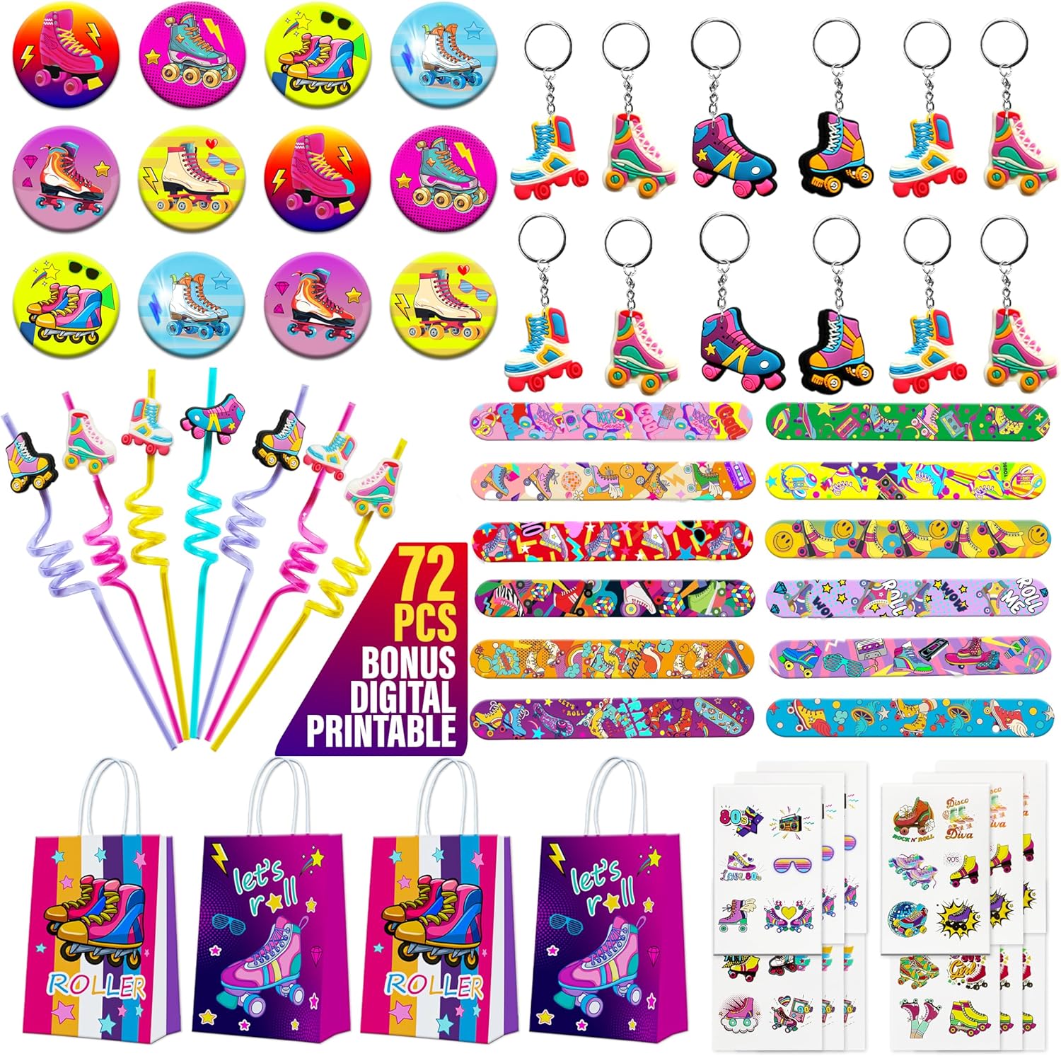 72 Pcs Roller Skate Party Favors 12 Set of Treat Bag, Straw Slap Bracelets Stickers Key Chains Badge Pins for for Hip Hop Disco Throwback 80s 90s Themed Party Supply