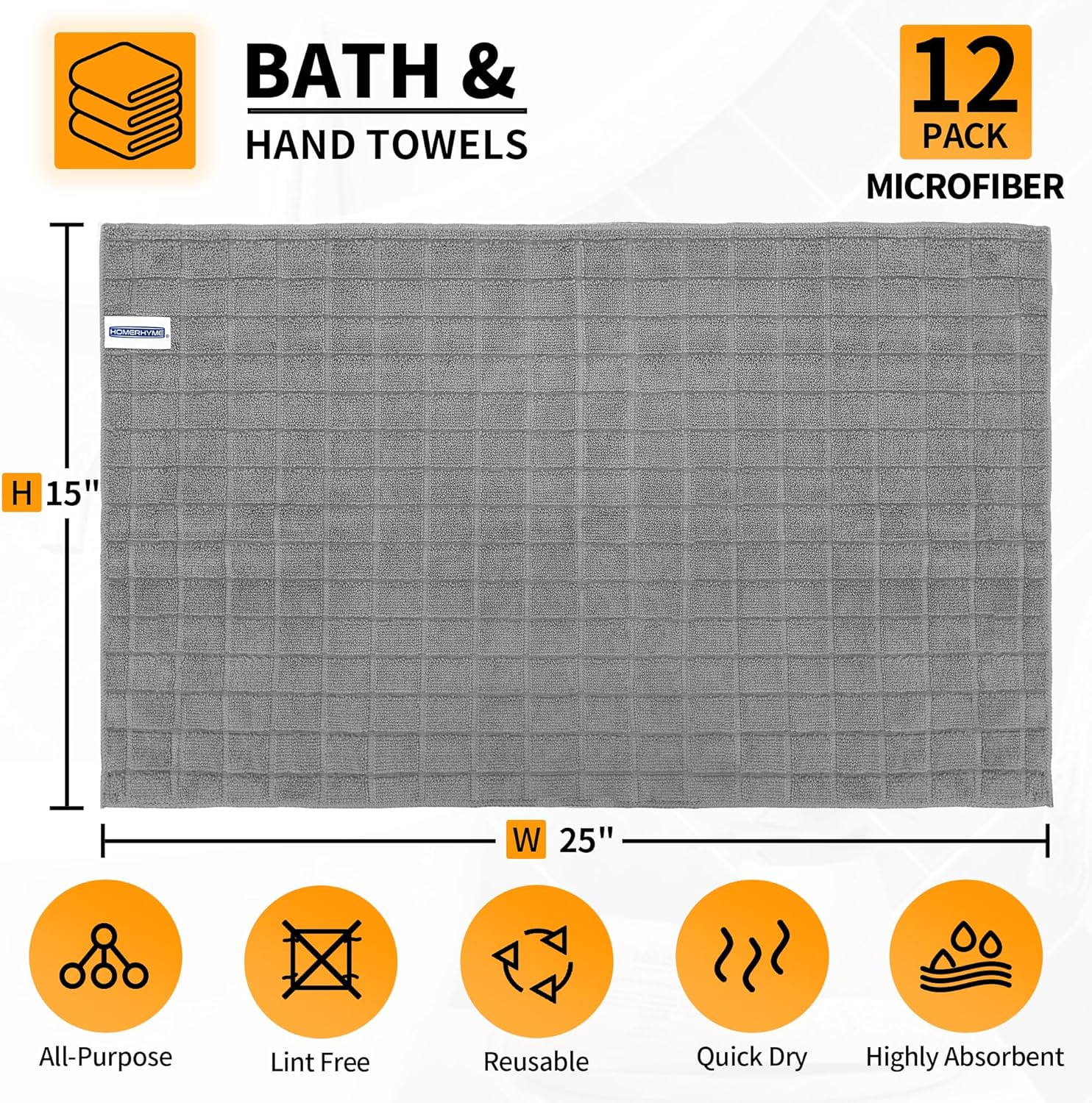 HOMERHYME Hand Towels, 12 Pack 25''*15'' Gym Towels, Grey Quick Dry Lint Free Soft Absorbent Bulk Checkered Fingertip Washcloths Bath Towels for Bathroom Kitchen Salon Workout Shower - Image 2