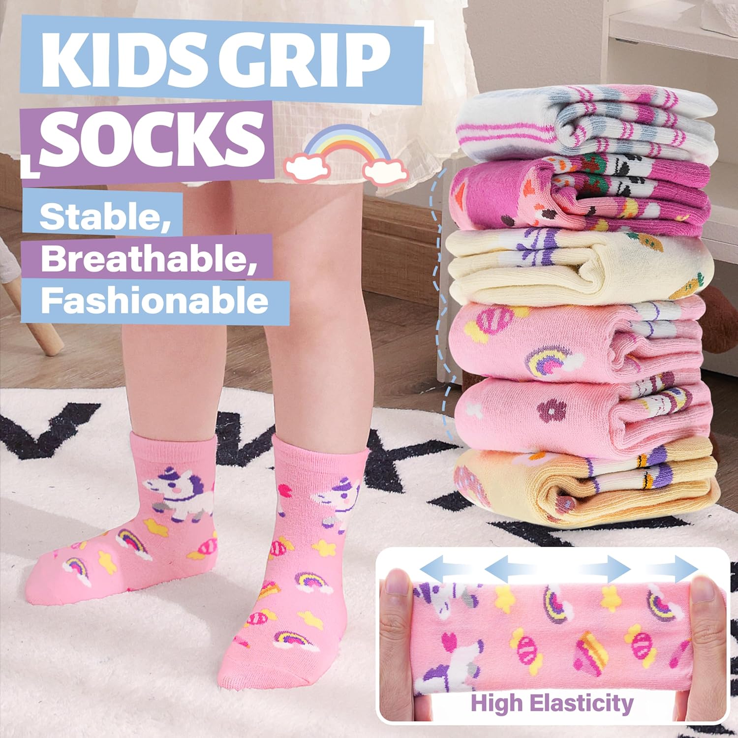 ANTSANG Baby Girls Toddlers Grips Socks Kids Non Slip/Anti Skid Unicorn Striped Crew Cotton Gift Socks - Image 5