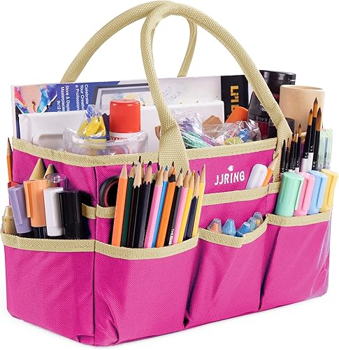 JJRING Bolsa Tote para manualidades y arte - Bolsa organizadora de arte y costura de tela de nailon rojo rosa 600D con bolsillos - para