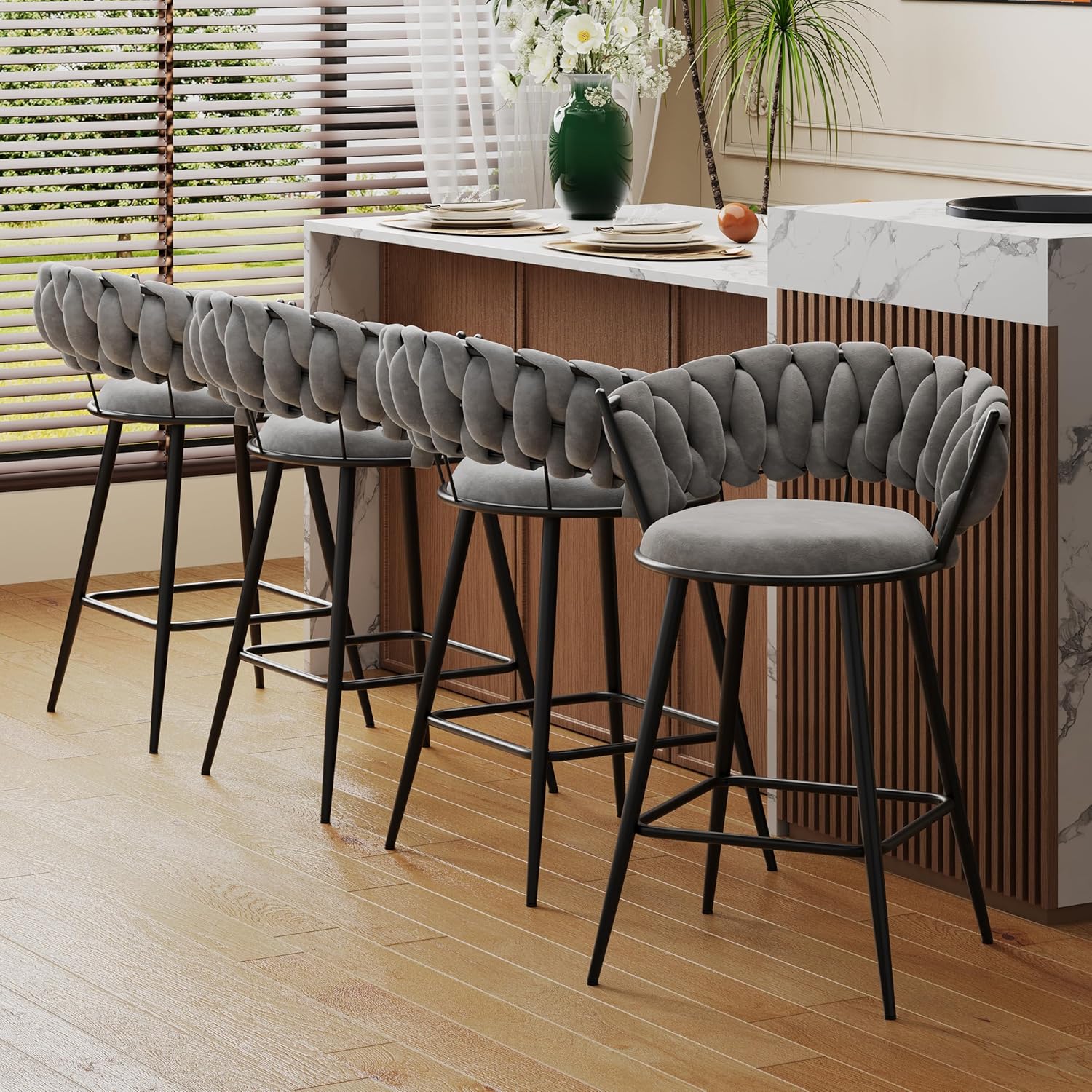Alunaune 24inch Velvet Bar Stools Set of 4, Upholstered Woven Counter Height Barstools with Back, Kitchen Island Bar Stools Side Chair for Pub Dining Room-Grey