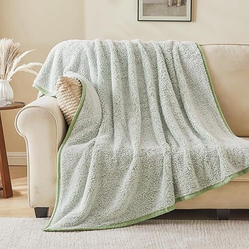 Miniatura 3 de EMME Manta de forro polar sherpa suave, reversible, esponjosa, grande, ligera, cálida, decorativa, bohemia, para sofá, dormitorio, viajes (salvia de