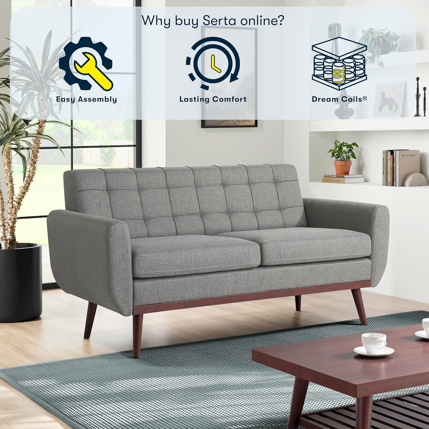Serta® David 61.2" Modern Sofa, Tufted Back Cushion, Rounded Arms, Solid Wood Legs, Dream Coil® Comfort, Woven Polyester Fabric, Gray