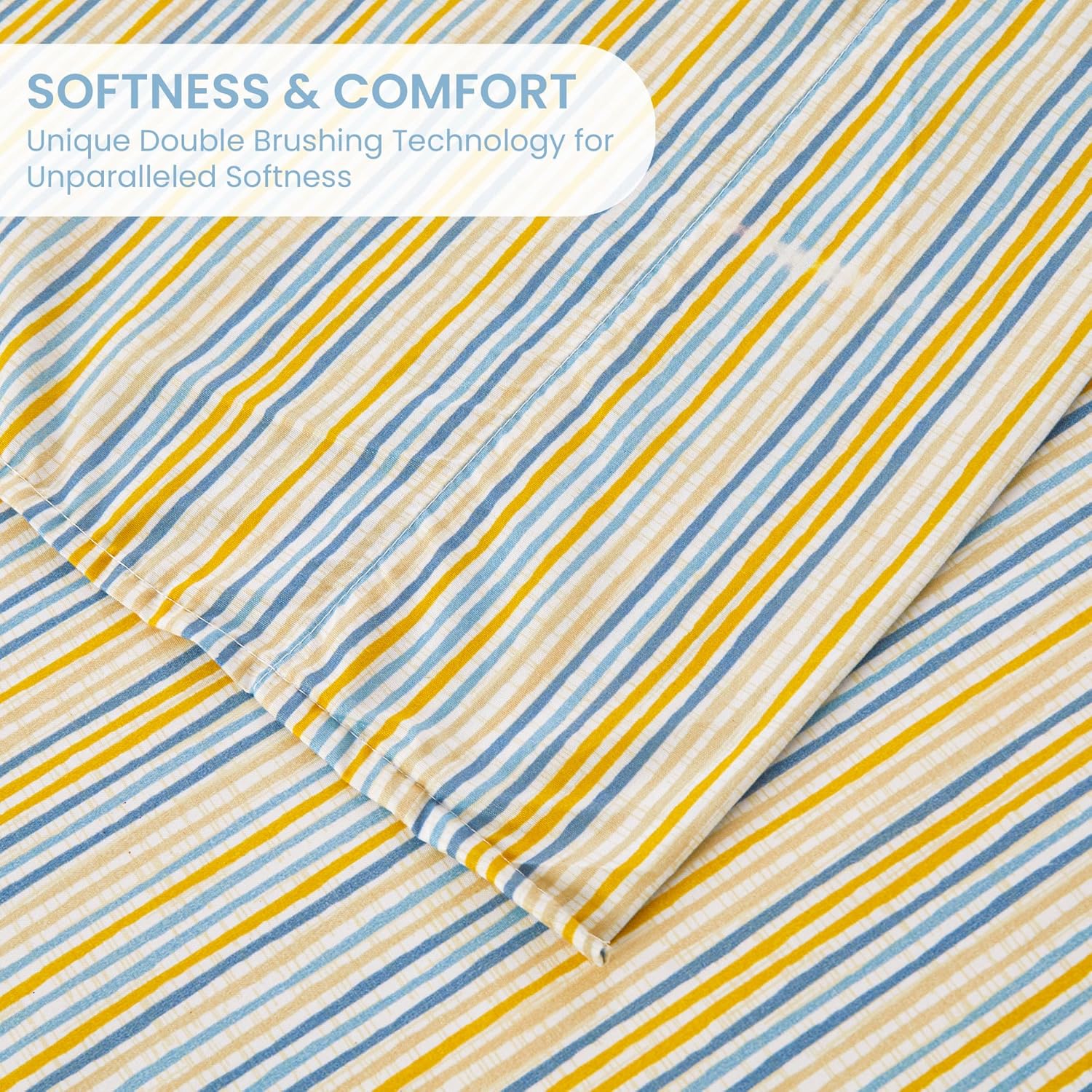 Mooreeke Striped Full Bed Sheets, Deep Pocket 4 Piece Full Sheet Set, Soft Microfiber Blue Yellow Pinstripe Bedding Sheets & Pillowcases - Image 6