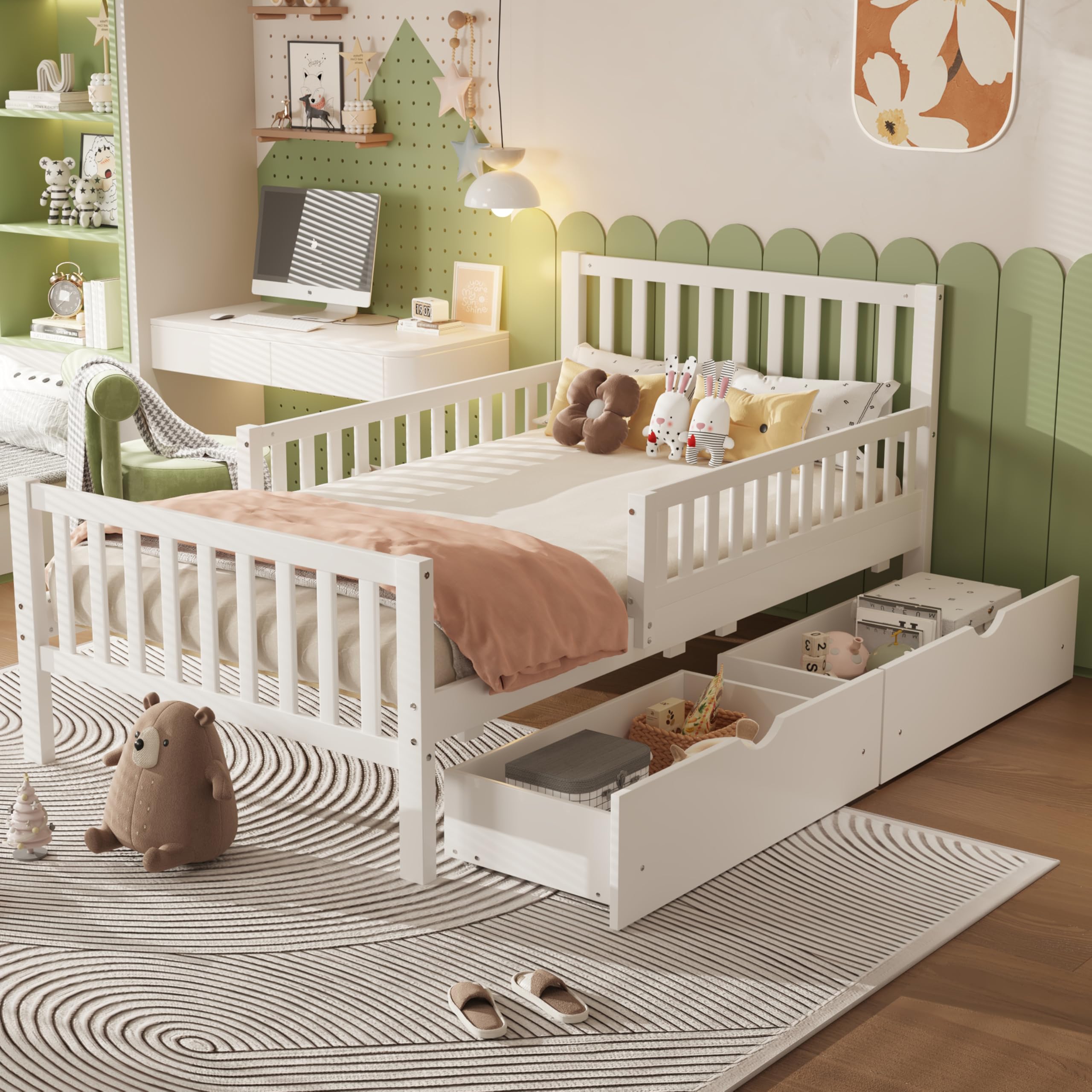 Bellemave Twin Size Kids Platform Bed with Fences and 2 Drawers, Wooden Twin Bed Frame with Guardrails on Both Sides for Boys Girls, White