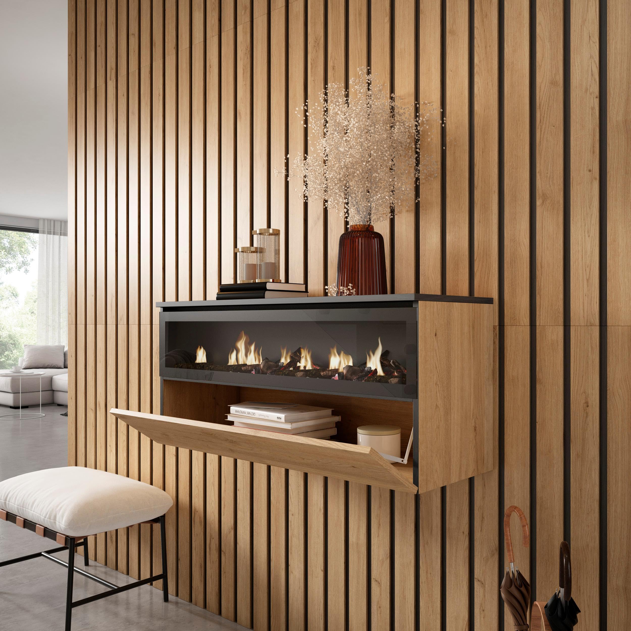 Skraut Home | Caminetto elettrico LED | Effetto Fiamma Realistico | 102x45x35cm | 1 apertura, 1 porta | Camino elettrico | Sospeso, da appendere | Stile moderno | Rovere e nero
