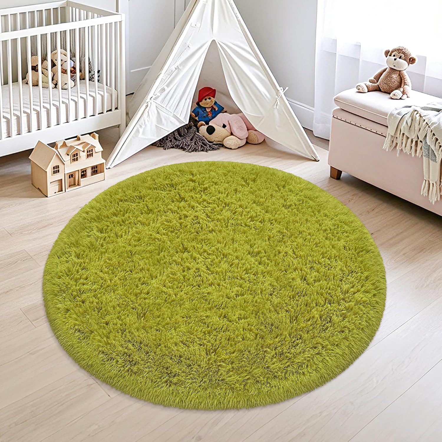 4Ft Green Fluffy Circle Rug for Bedroom Shag Soft Plush Floor Mat