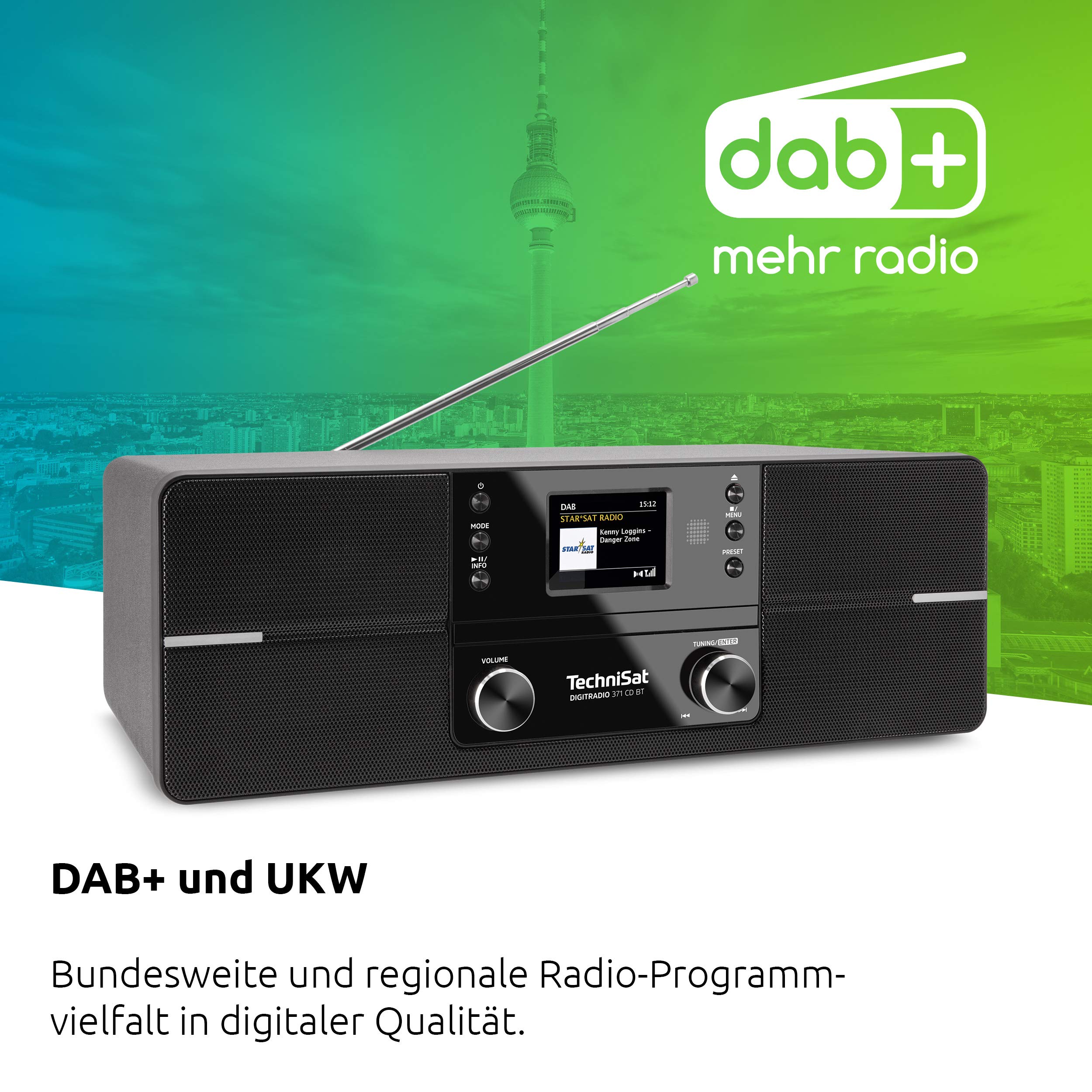 TechniSat DIGITRADIO 371 CD BT - Stereo Digitalradio (DAB+, UKW, CD-Player, Bluetooth, Farbdisplay, USB, AUX, Kopfhöreranschluss, Kompaktanlage, Wecker, 10 Watt, Fernbedienung) schwarz/silber