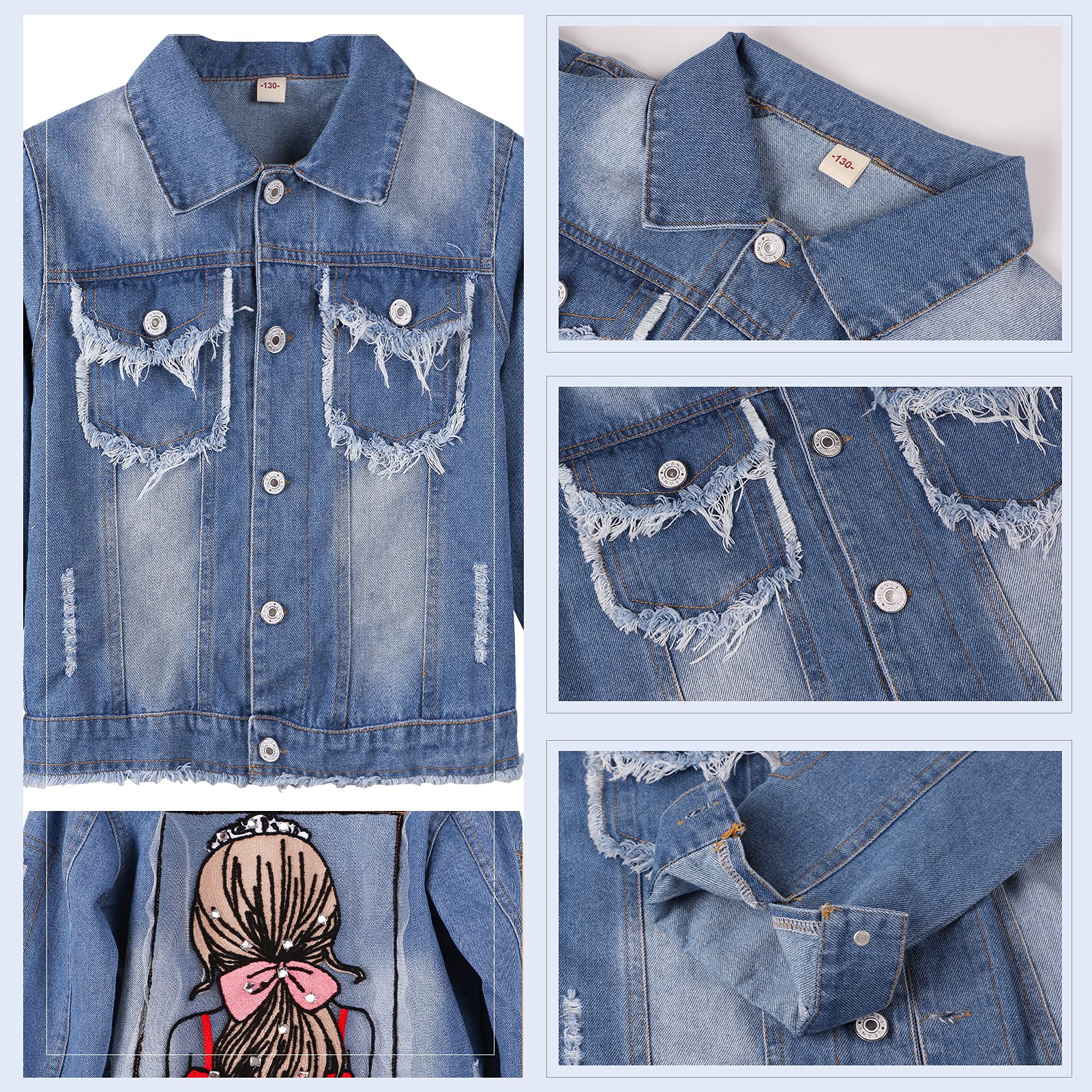 Veste Denim Enfant Fille Blouson Parka Mi-saison Manteau en Jean Enfant Imprimé de Dos de Fille pour Printemps Automne