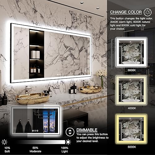 Miniatura 3 de Yamazakura Espejo de baño grande de 88 x 38 pulgadas, retroiluminado y frontal iluminado LED, espejo de tocador moderno rectangular negro