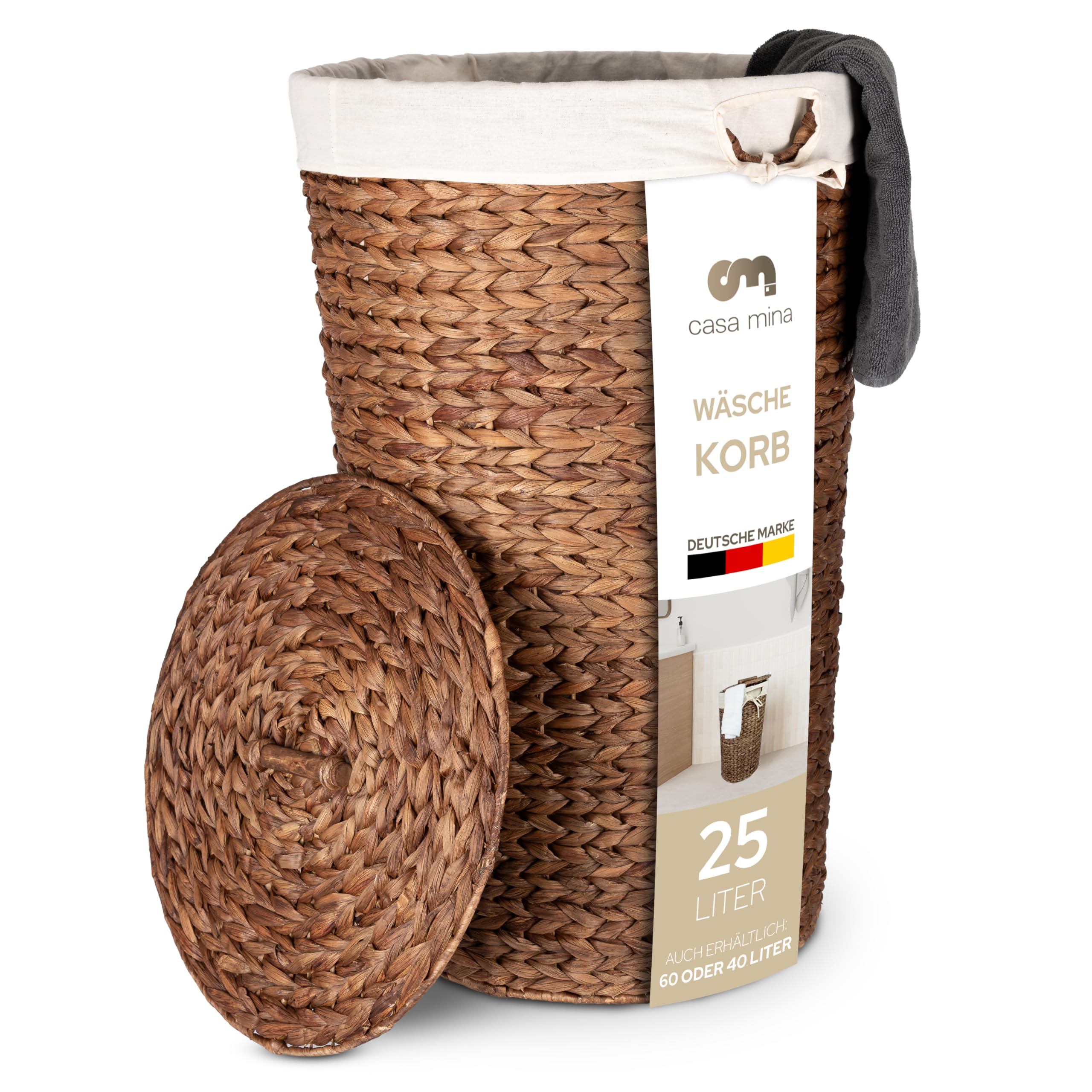 Casa Mina® Wäschekorb mit Deckel D30 x H45cm hoch I Atmungsaktiver Wäschekorb geflochten aus 100% Naturfaser I Robuster Wäschesammler mit Griffen & waschbarem Innensack I Wäschekörbe