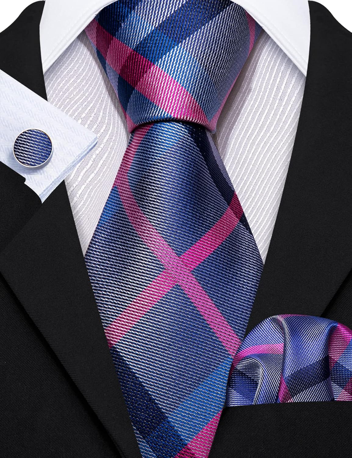Barry.Wang Plaid Ties Check Mens Necktie Set with Handkerchief Cufflinks Classic Stripe - Image 3