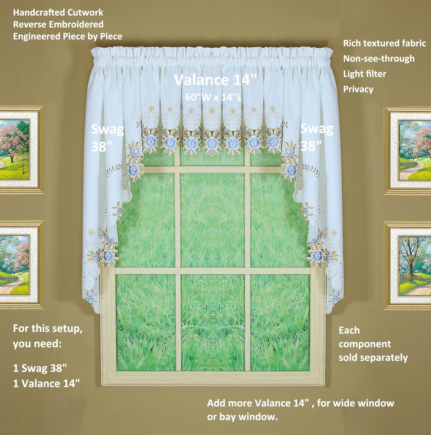 Today's Curtain Verona Reverse Embroidery Valance, 14", White/Blue, 60" W X 14" L