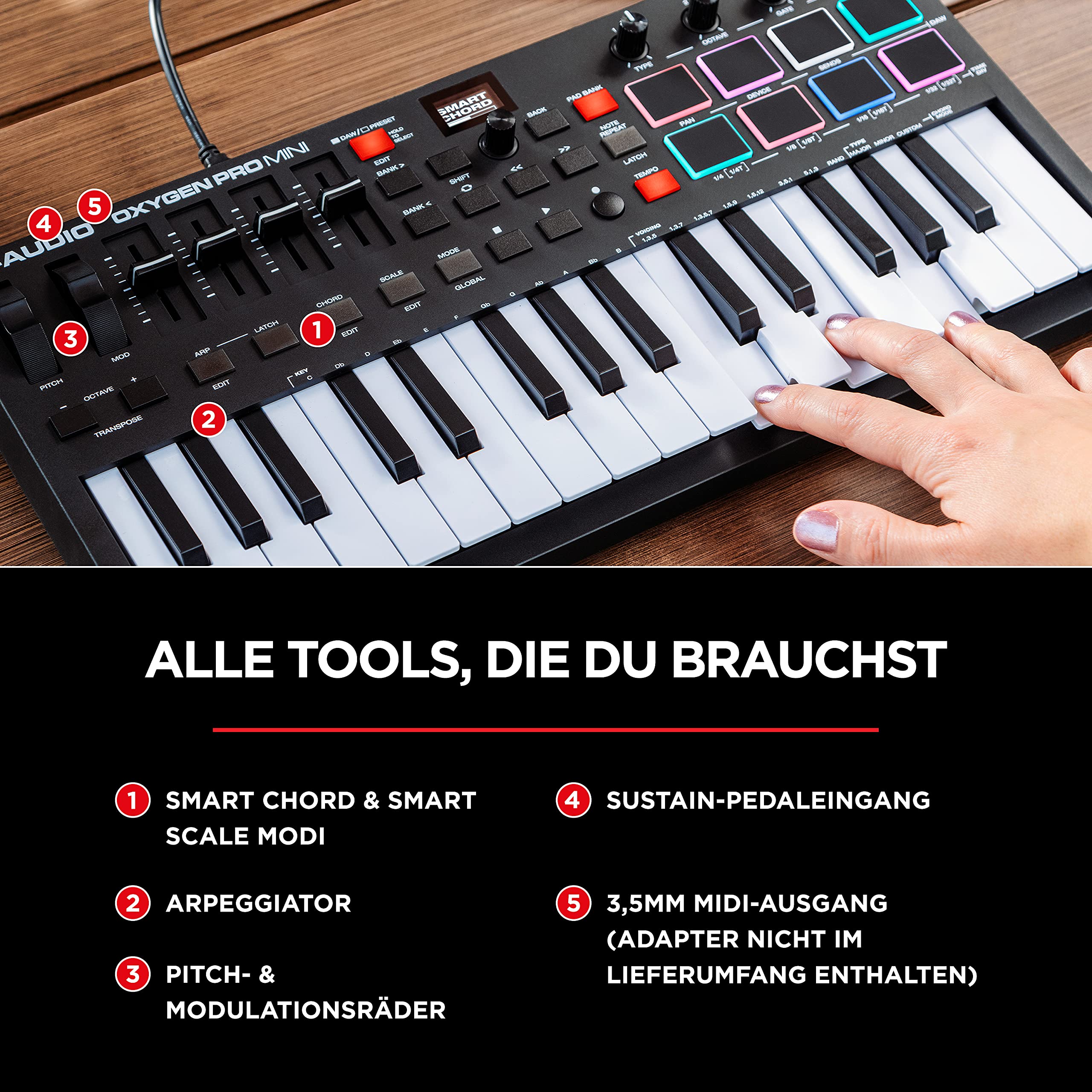 M-AUDIO Oxygen Pro Mini 32-Tasten-USB-MIDI-Keyboard-Controller für MacOS und WinOS, mit Beat-Pads, zuweisbaren Knöpfen und Fadern und Native Instruments Sound Pack (NKS Integration)