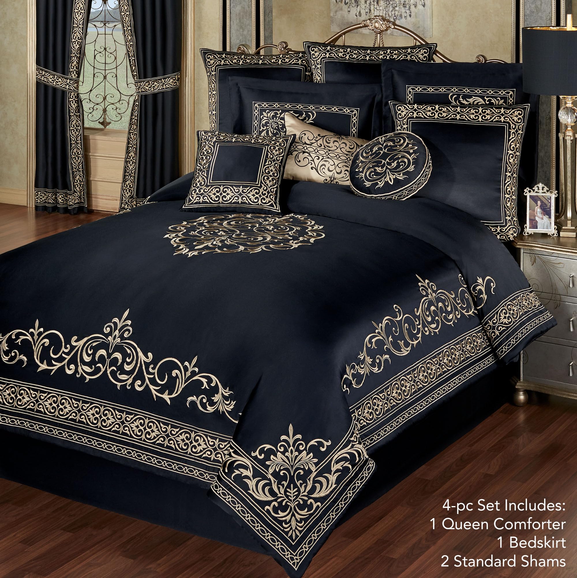Touch of Class Kensington Luxury Bedding | Classic Black | Palace-Inspired Golden Scrollwork Embroidery on Sateen | Designed 4 Piece Set Includes Queen Comforter, Bedskirt, and 2 Standard Shams