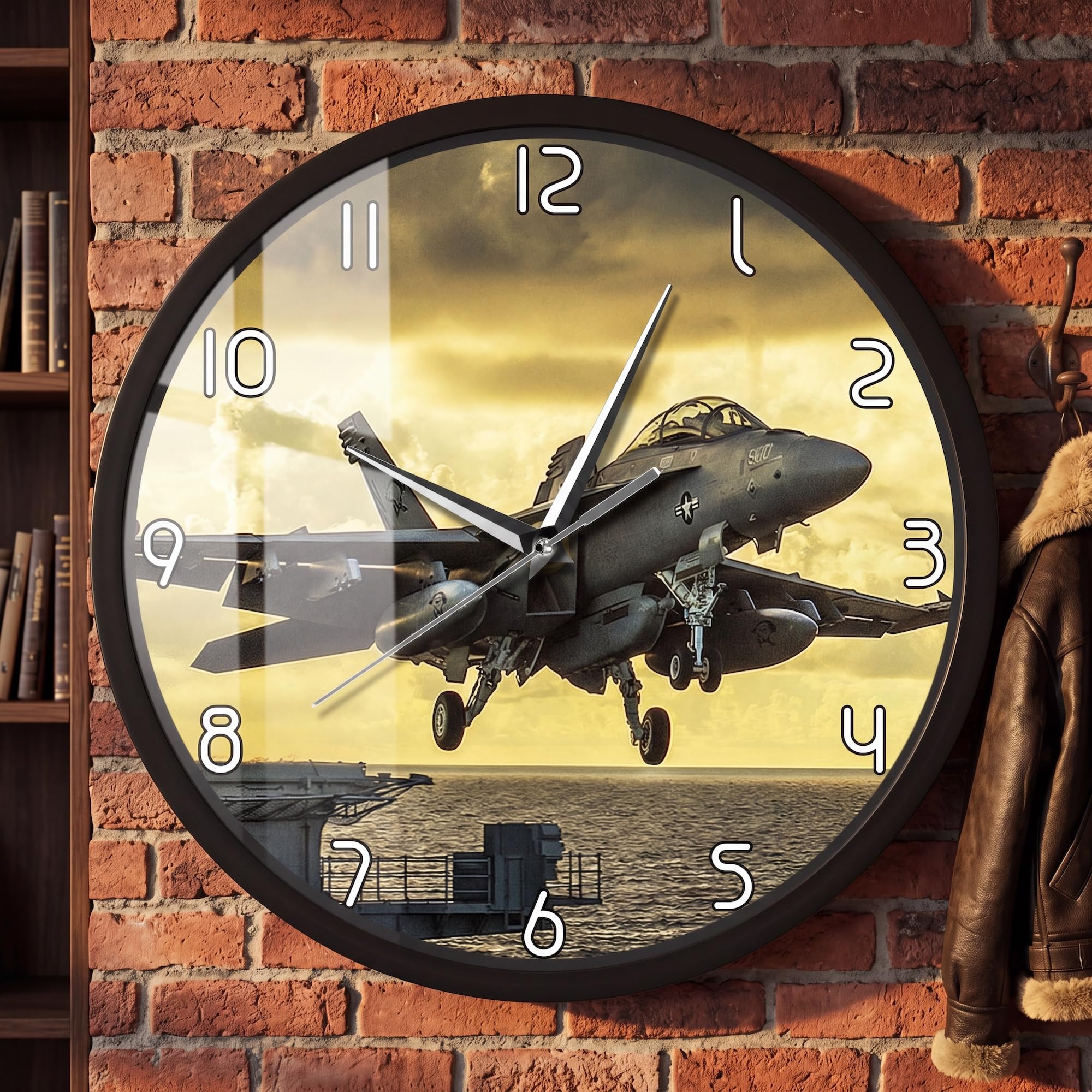 Reloj de pared con marco de metal impreso de avión de salida, silencioso sin tictac, funciona con pilas, avión, aeropuerto, marco de aluminio negro, regalo para piloto, aviador, dormitorio