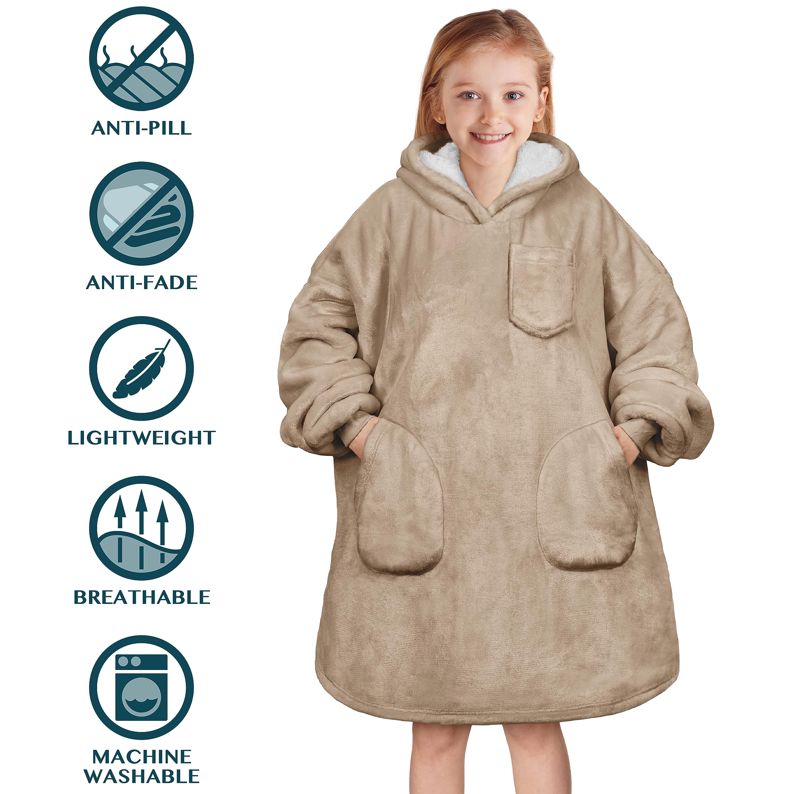 PAVILIA Coperta indossabile per bambini e bambine, calda e accogliente felpa con cappuccio gigante con due tasche, in pile Sherpa con cappuccio per adolescenti