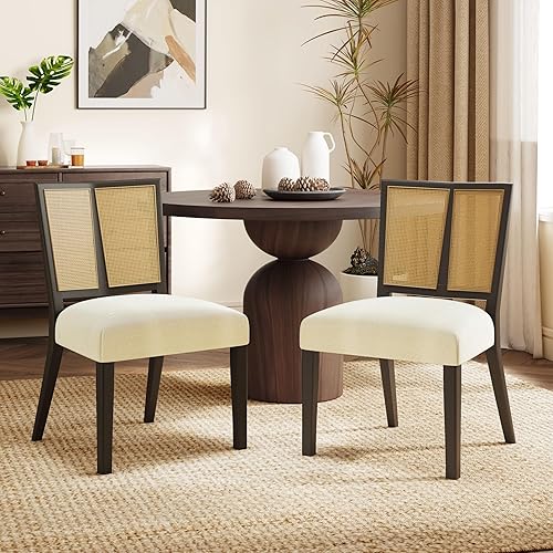 Miniatura 2 de Juego de 2 sillas de comedor de ratán sin brazo, asientos tapizados de tela con marco de madera de caucho, diseño moderno de respaldo de escalera