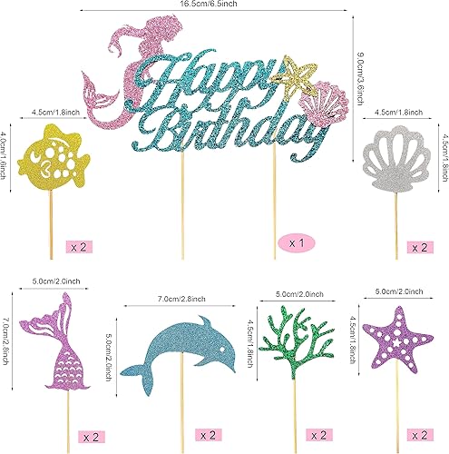 Miniatura 2 de Juego de adornos para tartas de cumpleaños de sirena, decoración temática oceánica brillante con decoración de feliz cumpleaños y 12 selecciones