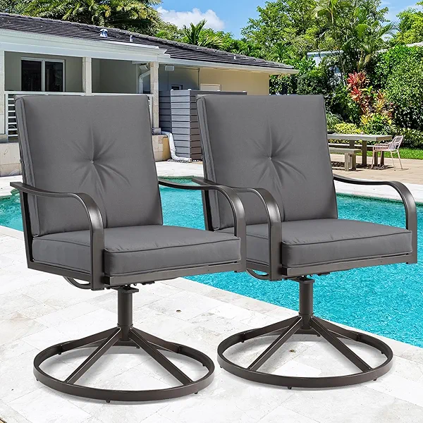 STRPRETTY Patio Swivel Chairs Set of 2, Heavy Duty Outdoor Swivel Dining Chairs with Steel Frame & Thickened Cushion, All Weather Metal Patio Chairs for Outside Garden Lawn Porch (Grey)