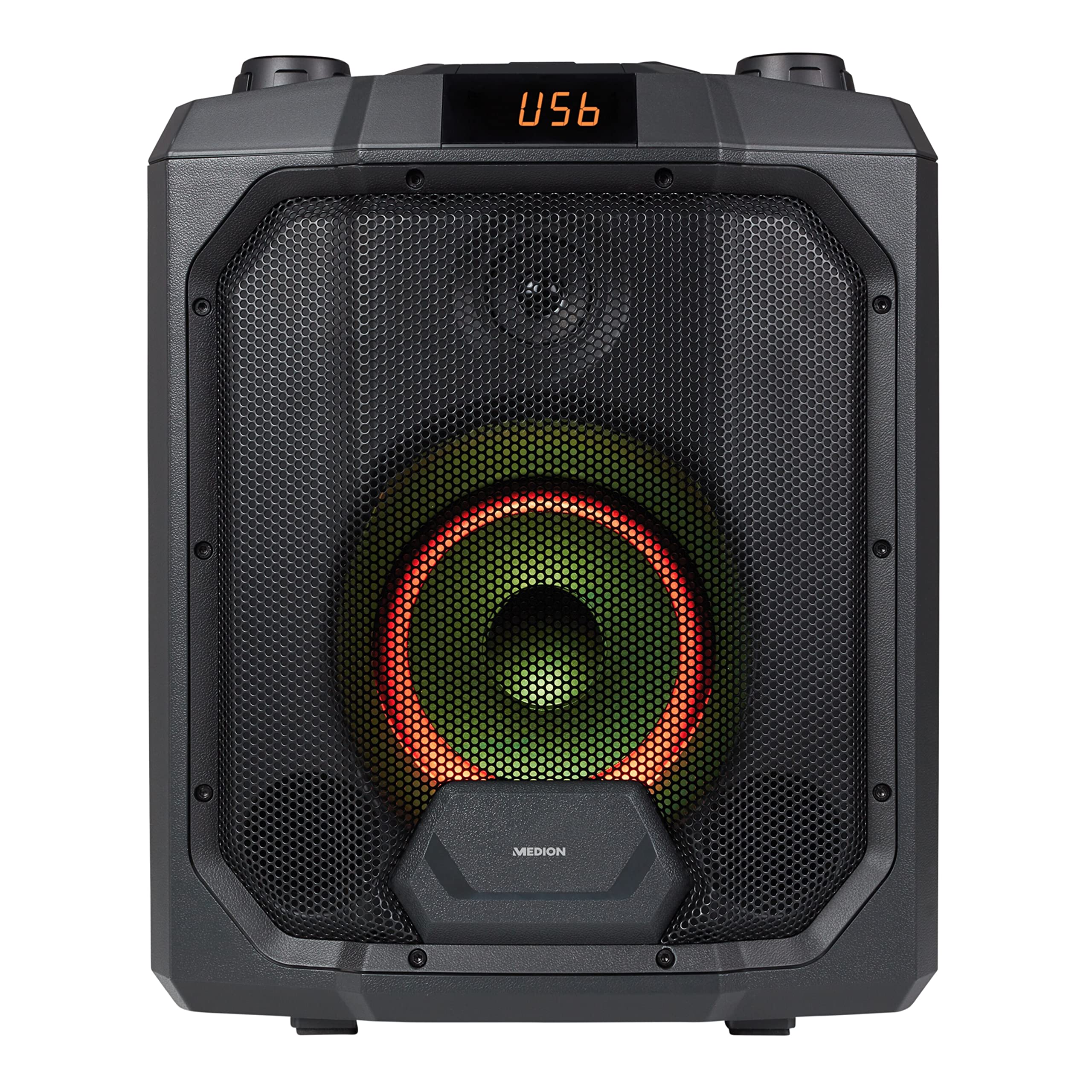 MEDION P61988 Party-Soundsystem (Mobile PA, Partylautsprecher,Karaoke, Bluetooth, Kompaktanlage, 500 Watt, 4000mAh Akku, Farbige LED, USB, AUX, Mikrofonanschluss, Gitarrenanschluss)