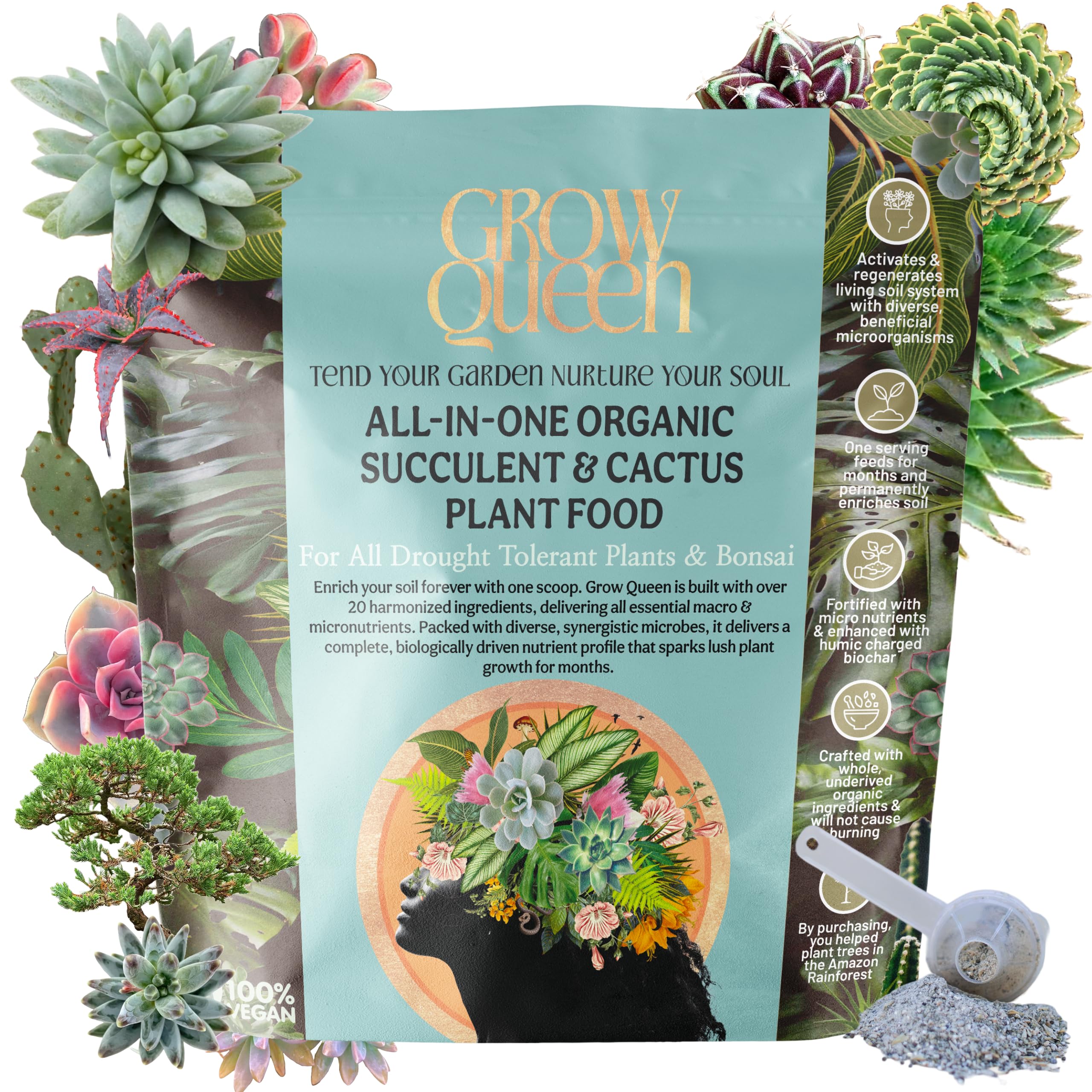 Grow Queen All-In-One Organic Succulent Fertilizer, Cactus Fertilizer, Succulent Plant Food, Bonsai & Cactus Food, 3 lb bag = 75 Single Servings, Fast