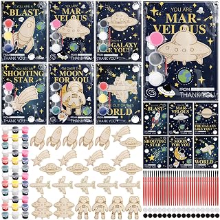 AOWLOG 36 Sets Space Themed Party Supplies Space Cards with Art Supplies Wooden Painting Crafts Watercolor Paint Sets Thank You Gift Cards Galaxy Solar System Astronaut Birthday Party Favors