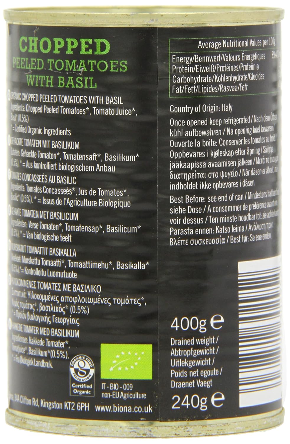 Biona Organic - Chopped Tomatoes with Fresh Basil - 400g (Case of 12)