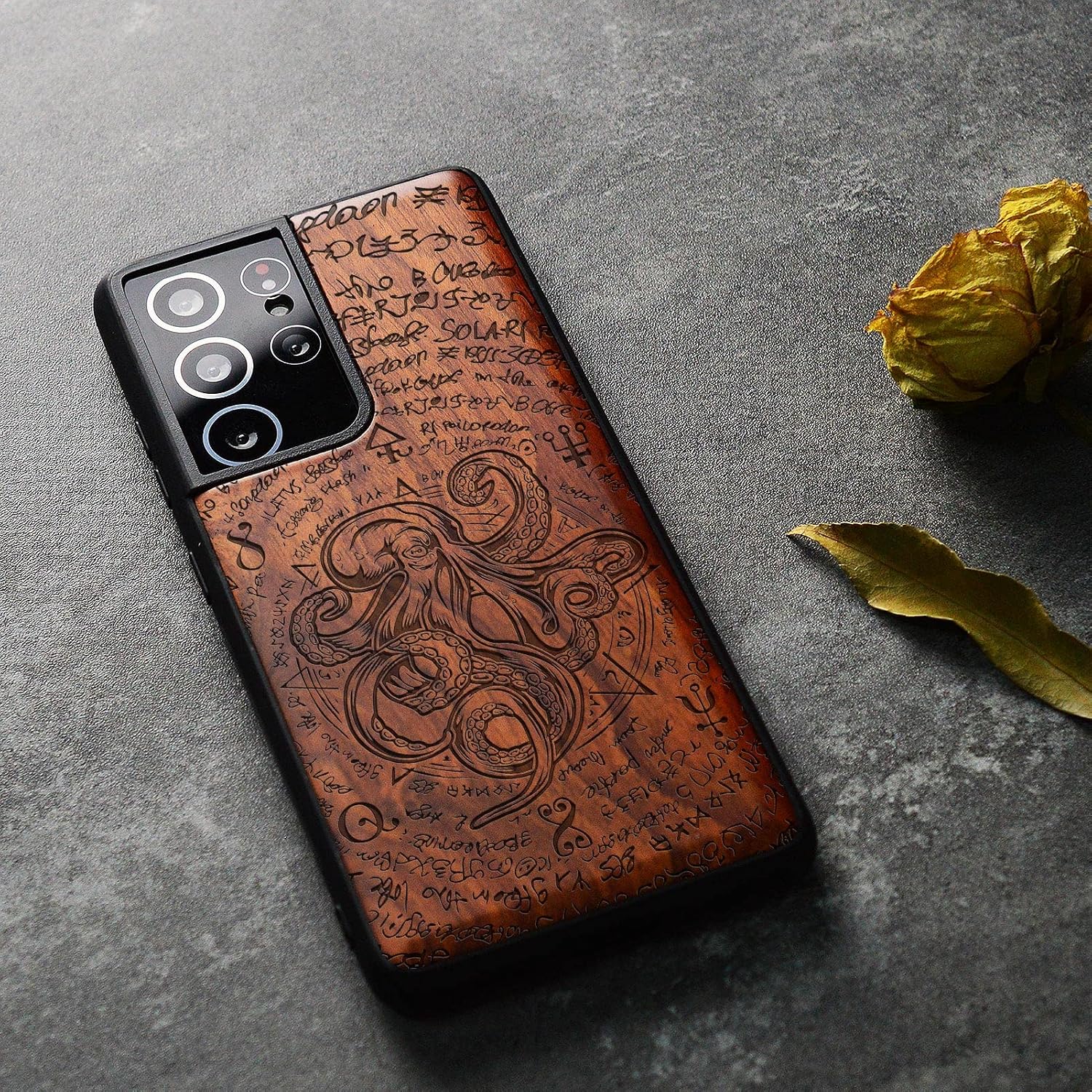 Carveit Wood Case for Galaxy S21 Ultra Case [Natural Wood & Black Soft TPU] Shockproof Hybrid Protective Unique Wooden Cover Compatible with Samsung S21 Ultra 5G (Octopus of Old Manuscript-Rosy)