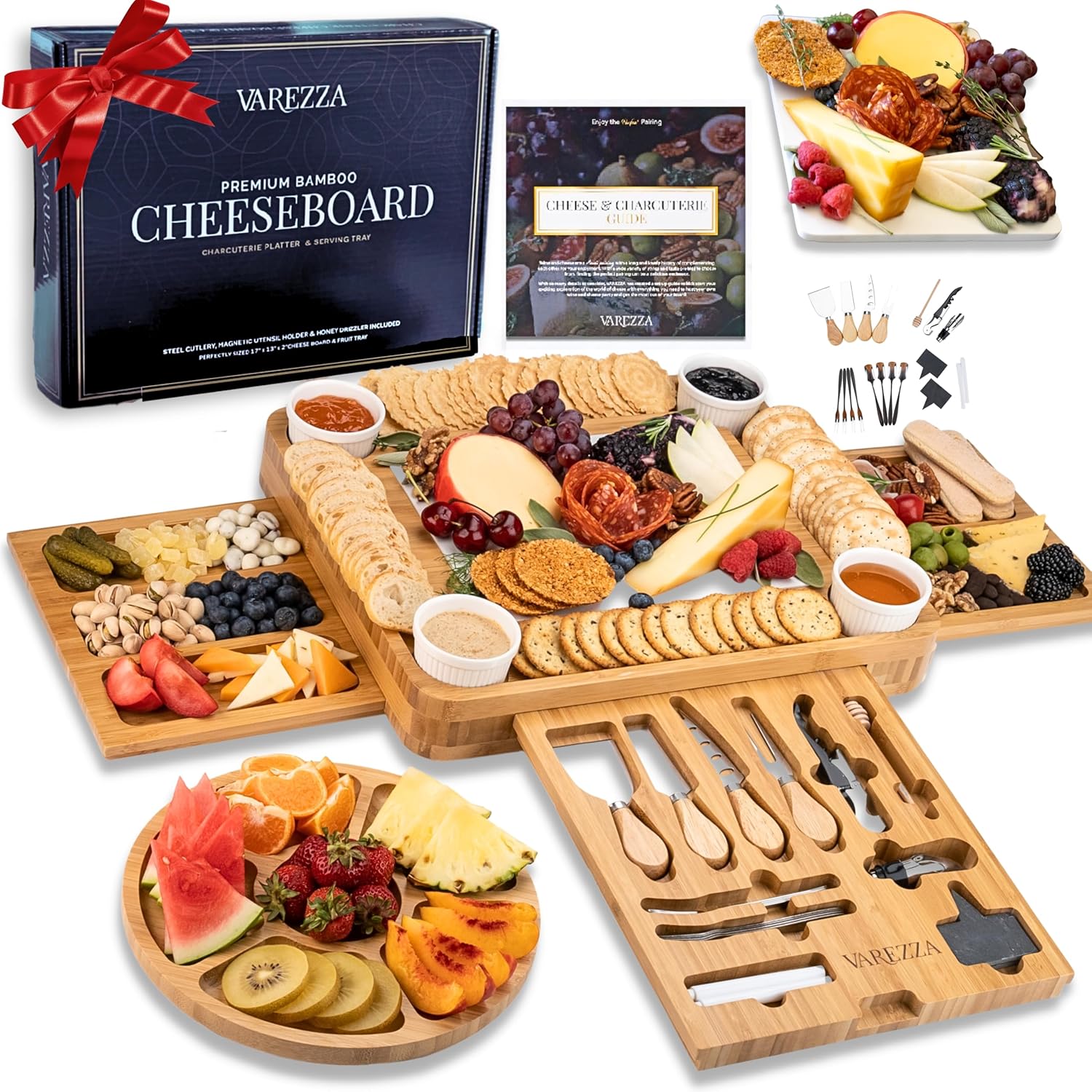Extra Large Charcuterie Boards Gift Set: Marble Bamboo Cheese Board Set- Unique for Mom, 23 Entertaining Accessories, Christmas, Wedding Gifts for Couple, House Warming Gifts Home