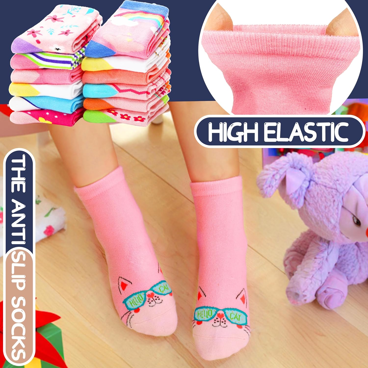 ANTSANG Baby Girls Toddlers Grips Socks Kids Non Slip/Anti Skid Unicorn Striped Crew Cotton Gift Socks - Image 2