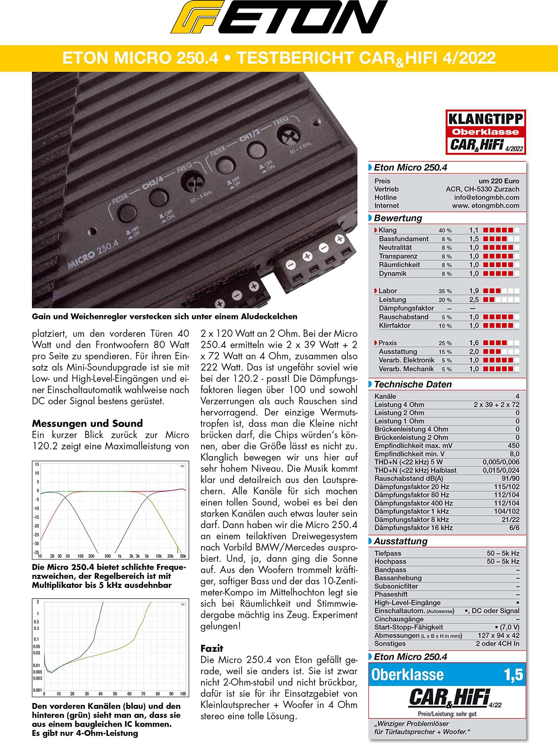 ETON Micro 250.4 – sehr kompakte 4-Kanal Endstufe, Class-D Digital Verstärker, perfekt für PKWs und Reisemobile