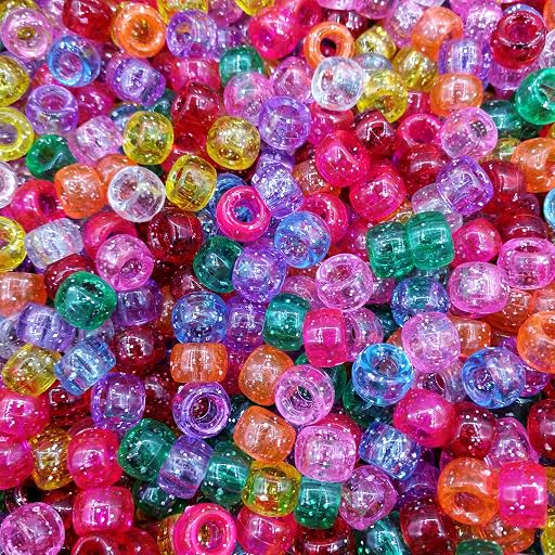Amaney 500pcs Glitter Pony Beads 6x9mm Mixed Colors Transparent Plastic for Hair Braids Jewelry Making