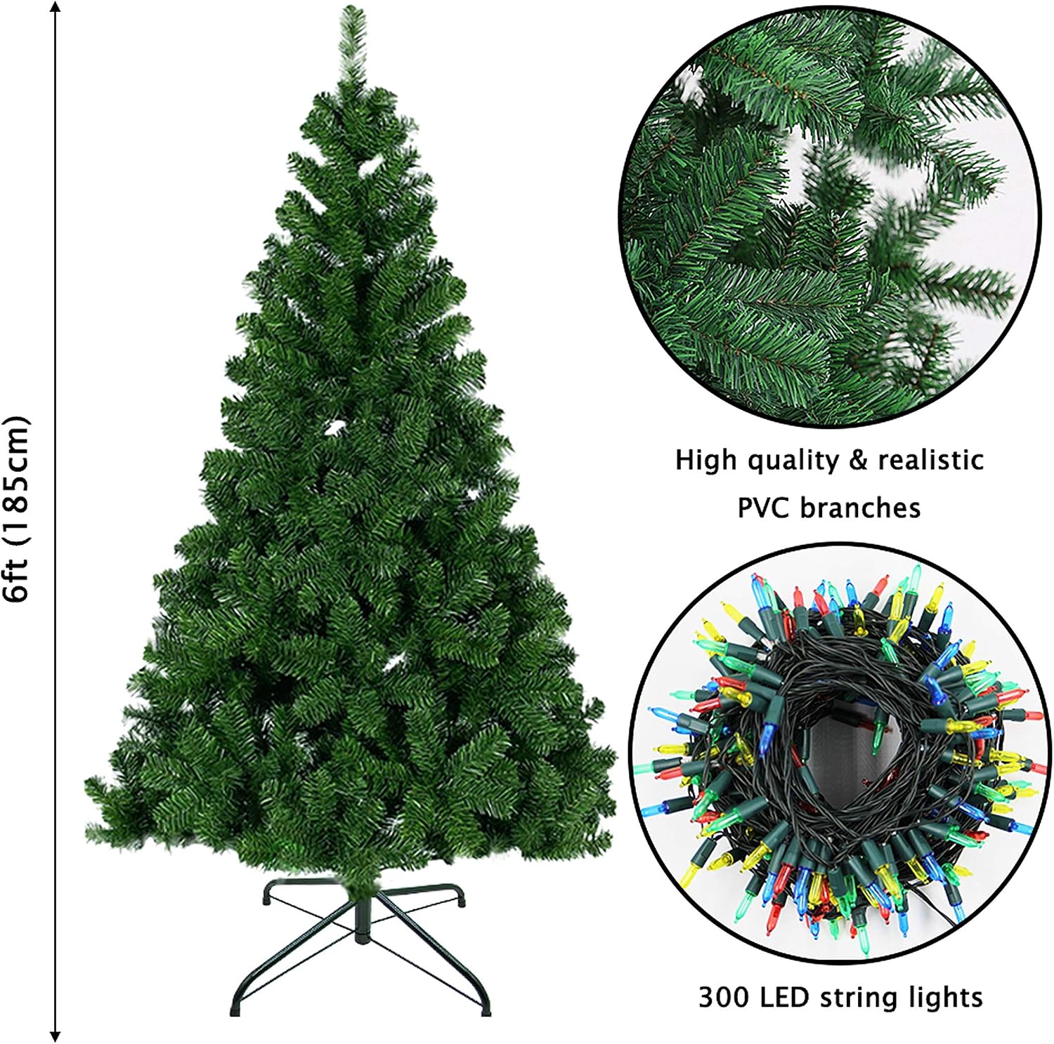 Blissun 6 ft Artificial Christmas Tree with 300 LED Multicolor String Lights (NOT Pre-Strung) 8 Lighting Modes Xmas Pine Tree for Indoor and Outdoor Holiday Christmas Decorations, 850 Tips