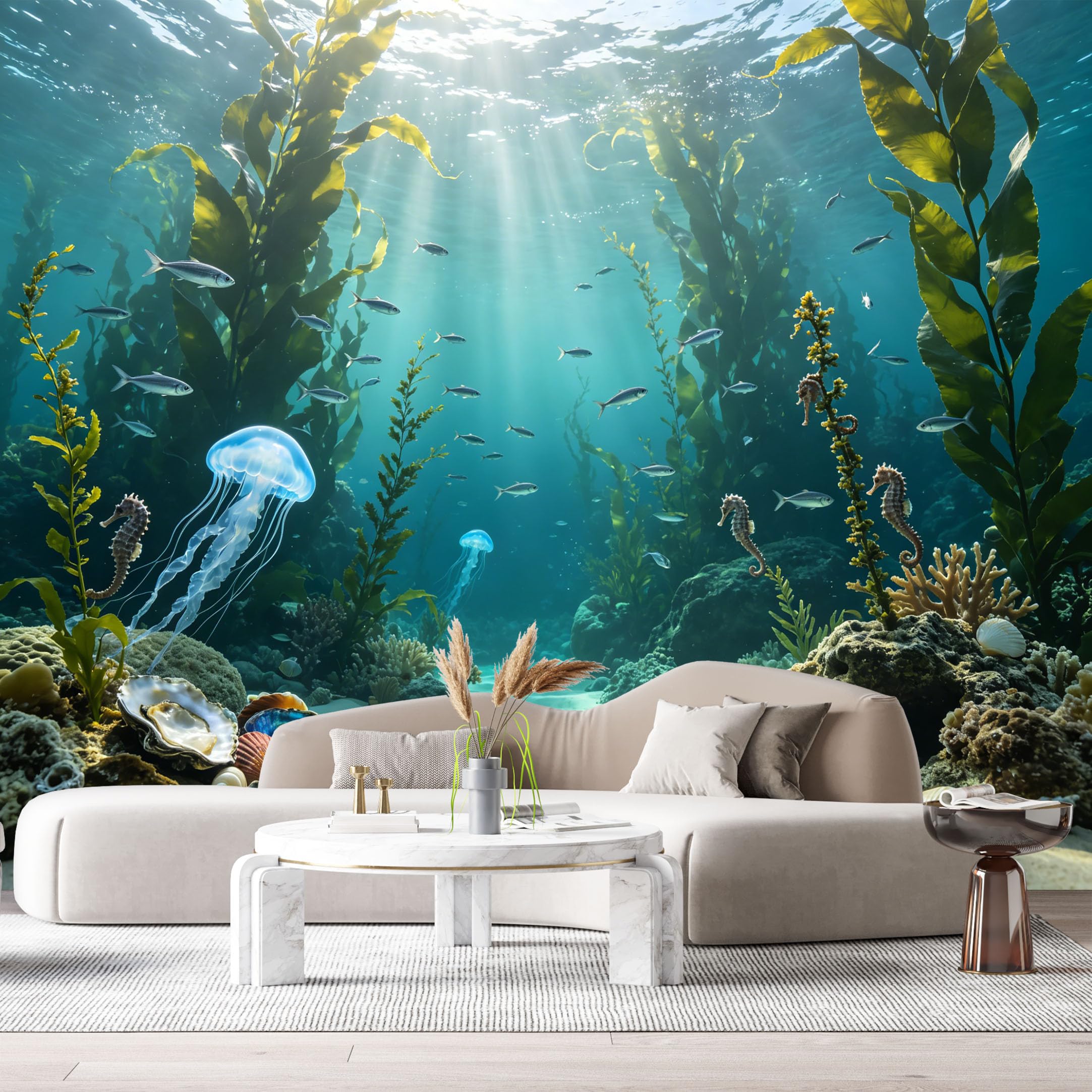 Custom Size Wall Murals Ocean Marine Jellyfish Octopus Underwater World 3D SelfAdhesiveWall Fabric Removable Wallpaper Wall Decor for Living Room Bedroom Bathroom