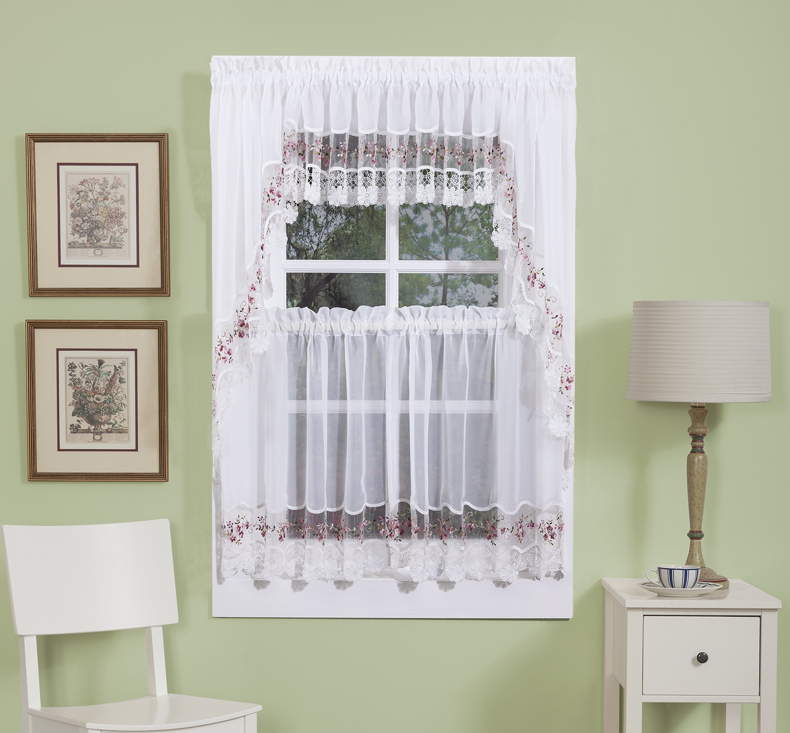 Vintage Embroidered Organza with Macrame Trim 58Wx36L Tier Pair- White/Rose
