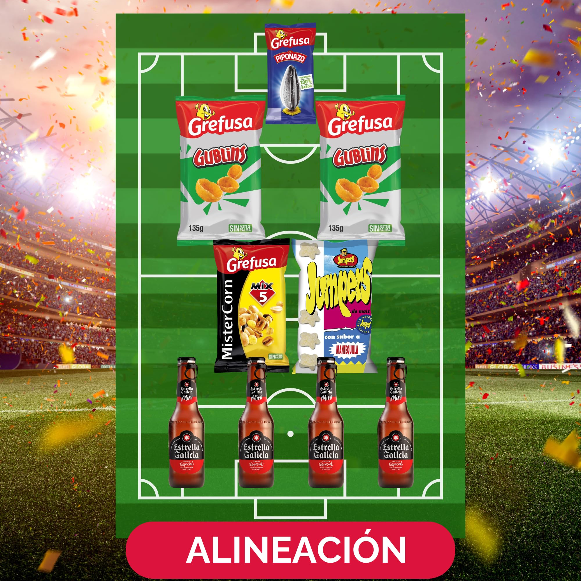 Pack Mundial Snacks Combo para 3-4 Personas con Cerveza | GublinsBBQ + MisterCorn Mix + Jumper + Piponazo + 4 Botellines | Aperitivos Variados Fútbol | Caja Regalo Mundial 2026