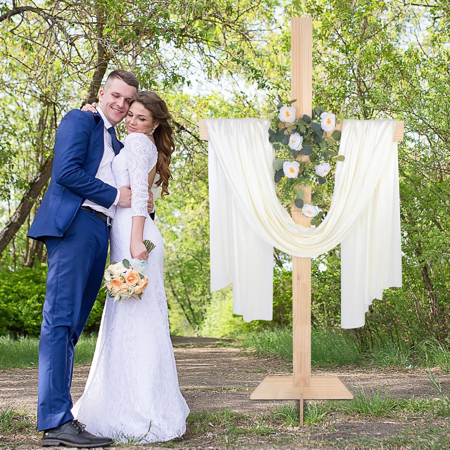 71 Inch Wedding Wood Cross and White Ribbons Eucalyptus Garlands Wedding Decorations Large Standing Cross Decoration Christian Religious Marriage Gifts for Ceremony and Reception Indoor Outdoor Decor