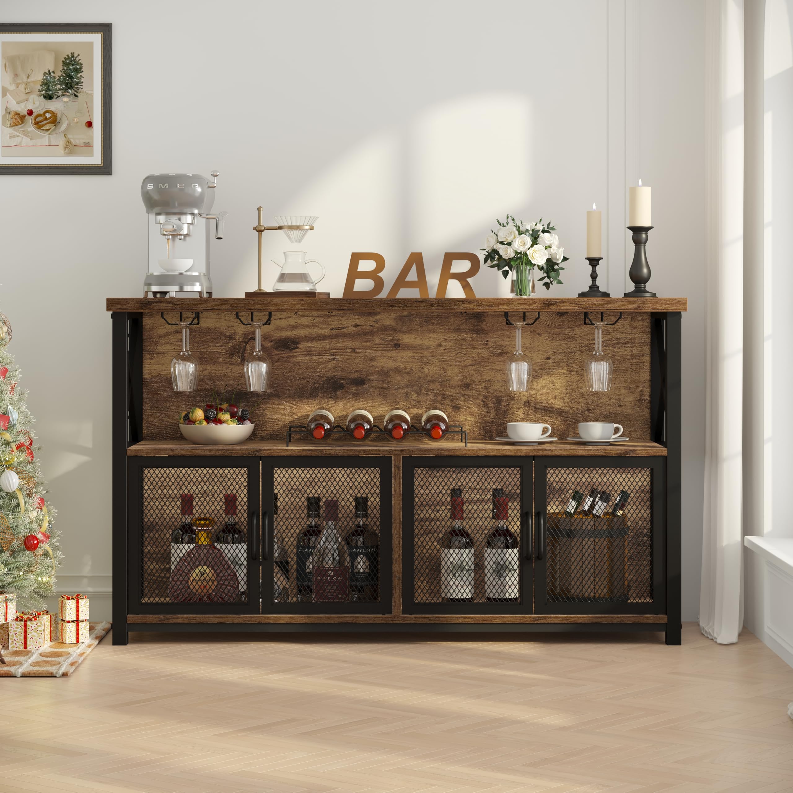 LVB Industrieller Kaffeebar-Schrank, Bauernhaus-Weinbarschrank für Likör und Gläser, Metall-Holz, Sideboard, Buffet, Likörschrank und Weinregal mit Stauraum für Zuhause, Esszimmer, Küche, rustikales