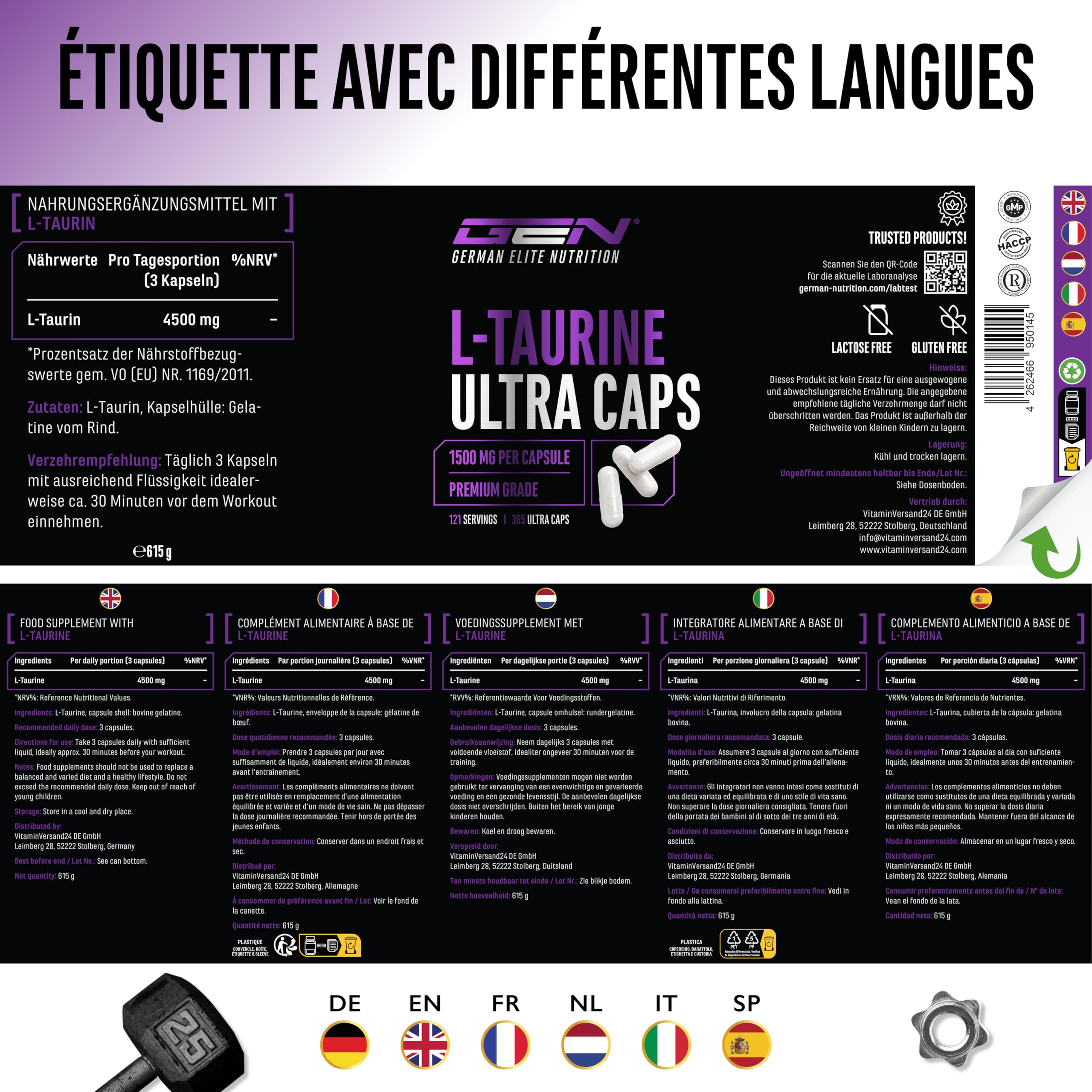 L-Taurin Ultra Caps - 365 capsules - Extra fortement dosé avec 1500 mg par capsule - Acide aminé taurine avec une pureté de 99% - Sans additif indésirable