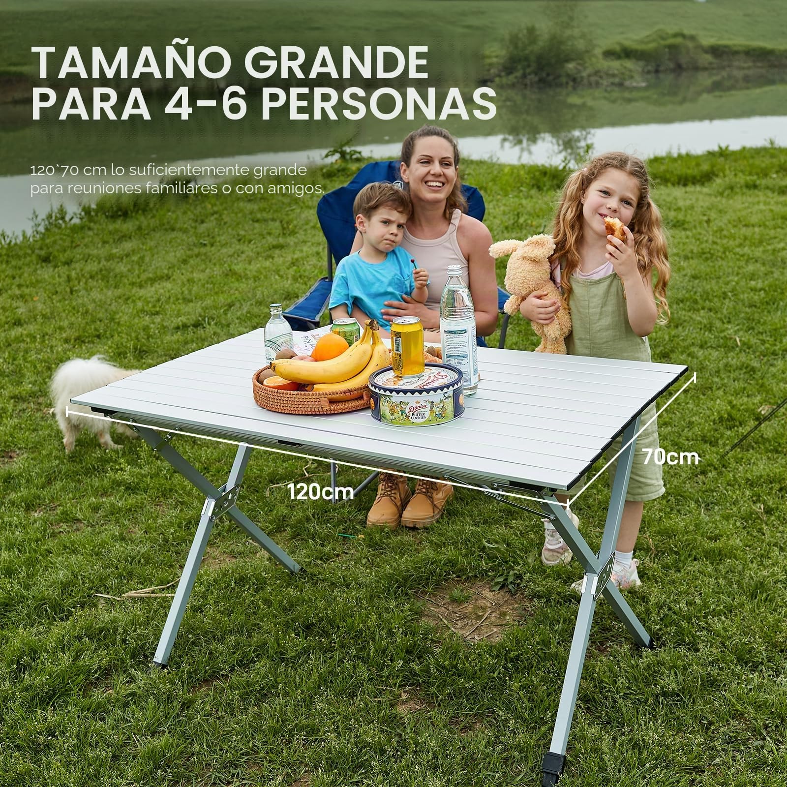 EVER ADVANCED Mesa de Camping Plegable Aluminio 120X70CM Mesa Plegable 100KG Cargable Tablero Enrollable para 4-6 Personas, Mesas de Picnic con Bolsa de Transporte para Camping Picnic Jardín Balcón