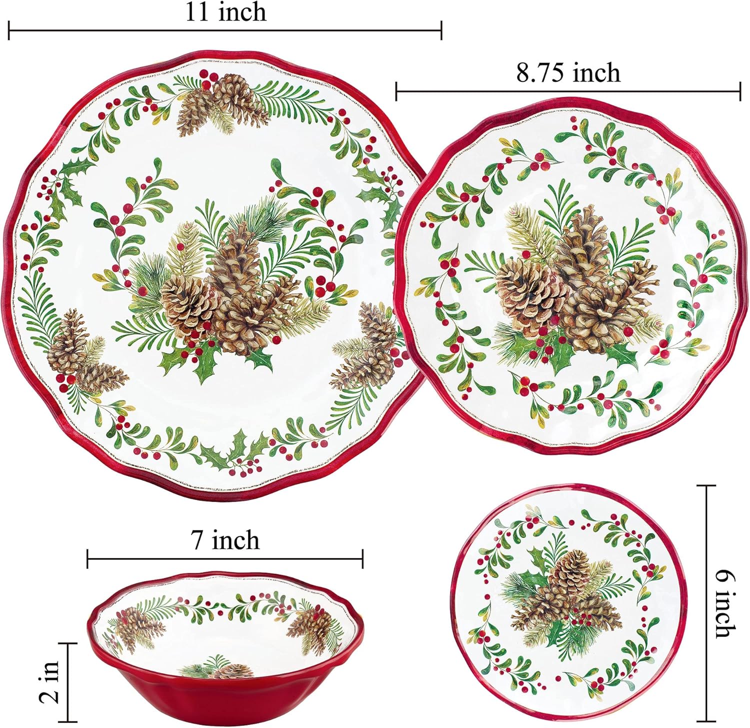 UPware 16 Piece Pinecones Melamine Dinnerware Sets, Outdoor Dishes Set, Plates and Bowls Sets, Christmas Decorations, Service for 4, Red