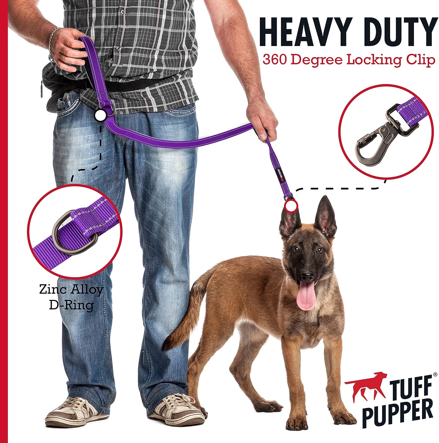 Tuff Pupper Matching 6 Foot Double Handle Leash and Collar (14.5-19" Neck) - Purple