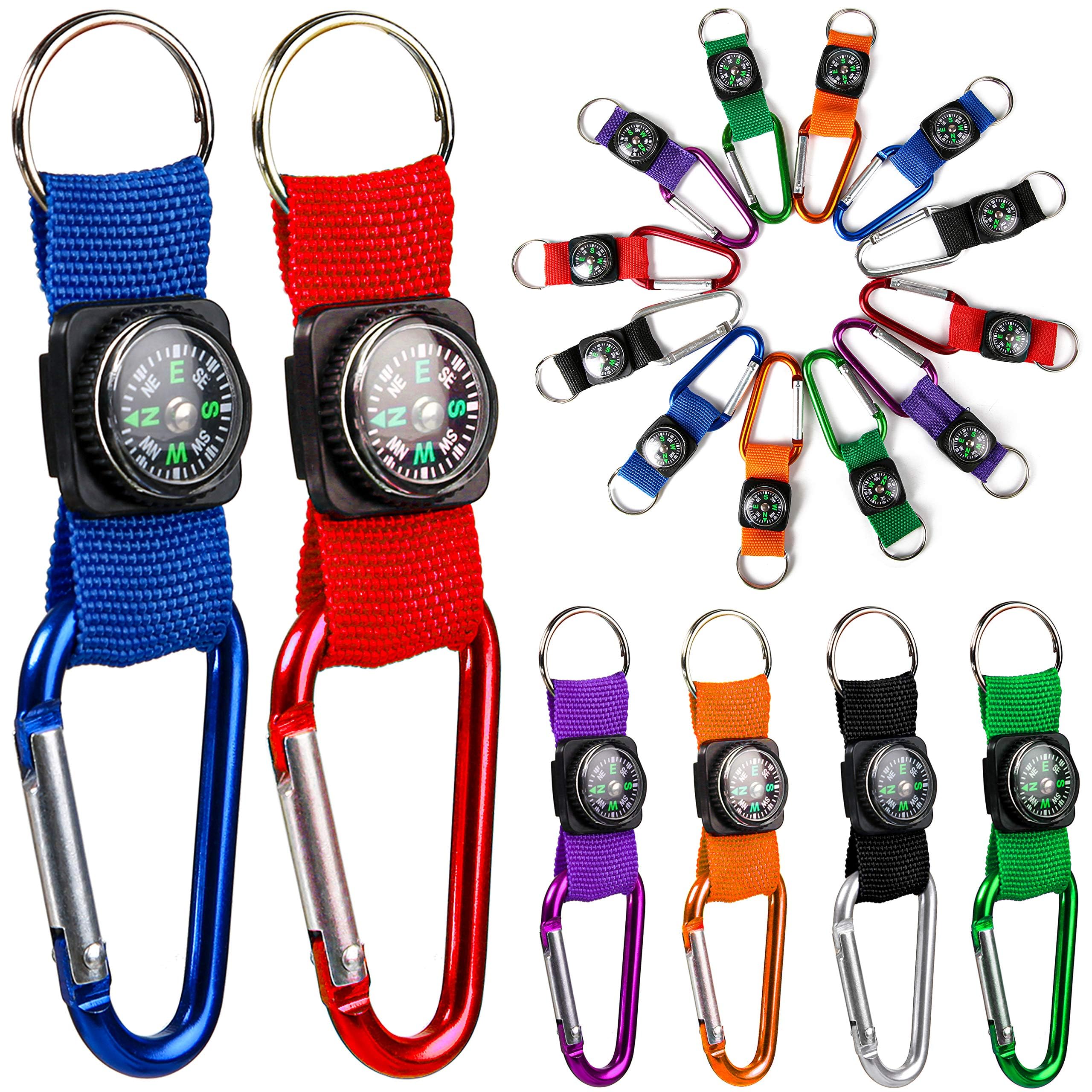 PROLOSO Colorful Carabiner Compass Keychain Belt Clips Kids Toys Prizes Outdoors Adventure Party Favors 36 Pcs
