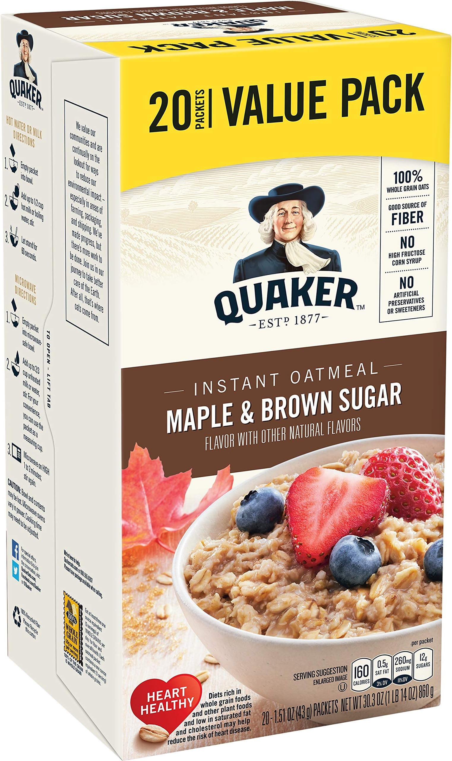Quaker Maple & Brown Sugar Instant Oatmeal, 20 Count, 1.51 oz Packets